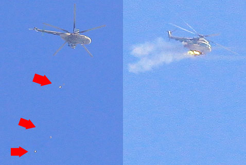 Suriye helikopteri önce ekmek sonra bomba attı